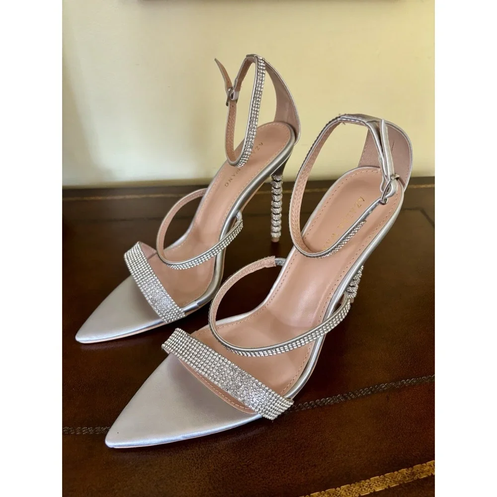 AZALEA WANG Women's Silver and Rhinestone Open Toe Stilettos Heels Size 8.5